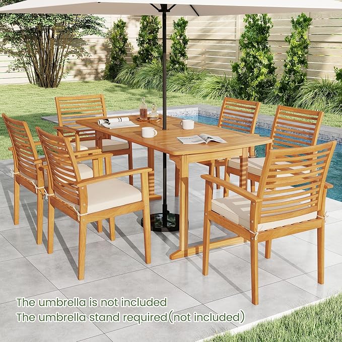 Tangkula 7 Piece Patio Acacia Wood Dining Set for 6, Patio Rectangle Table with Umbrella Hole & 6 Cushioned Armchairs, for Backyard Garden Poolside Deck, Natural