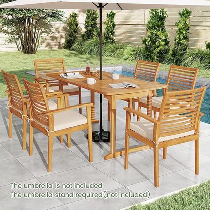 Tangkula 7 Piece Patio Acacia Wood Dining Set for 6, Patio Rectangle Table with Umbrella Hole & 6 Cushioned Armchairs, for Backyard Garden Poolside Deck, Natural