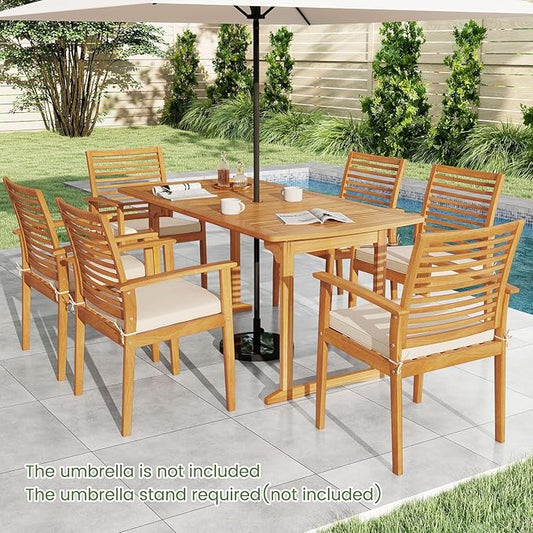 Tangkula 7 Piece Patio Acacia Wood Dining Set for 6, Patio Rectangle Table with Umbrella Hole & 6 Cushioned Armchairs, for Backyard Garden Poolside Deck, Natural