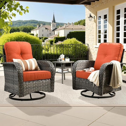ovios 3 Pieces Patio Furniture Set, Outdoor Rocking Chairs of 2, Wicker Swivel Glider Chairs with Side Table Thick Cushions, All Weather Rattan Bistro Set for Porch, Orange Red