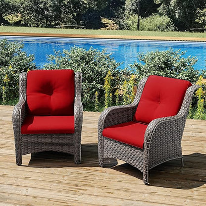Joyside Outdoor Wicker Chair Rattan Patio Dining Chairs Set of 2 PE Wicker Patio Chairs with 4inch Seat Cushions Outdoor Patio Seating Chair for Garden, Backyard Swimming Pool, Balcony(Mixed Grey/Red)