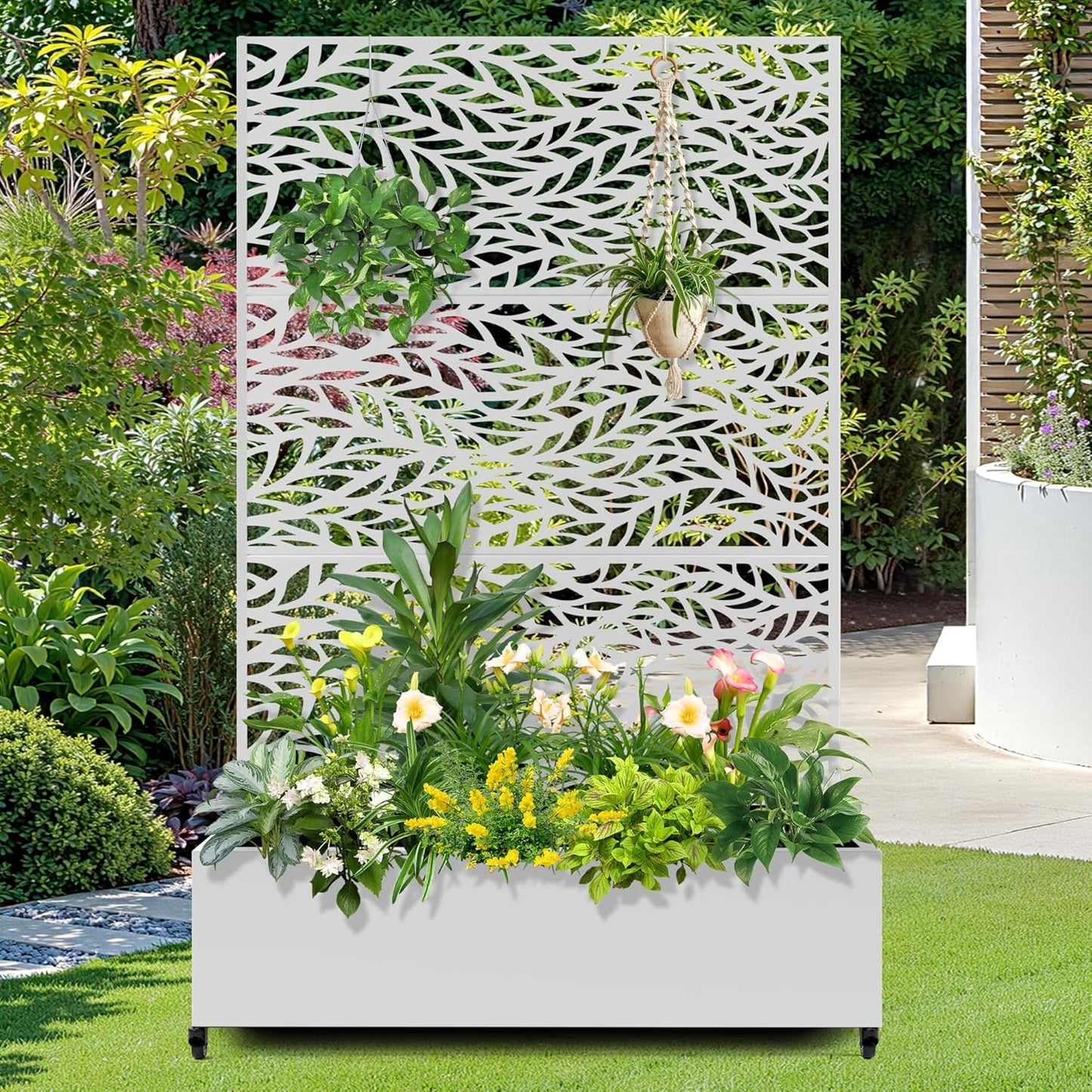 FENCY Metal Raised Garden Bed with Wheels and Trellis,73"x47"x16" Planter Box for Climbing Plants, Vegetables & Vines, Features Privacy Screen and Drainage Holes (White-Leaf)