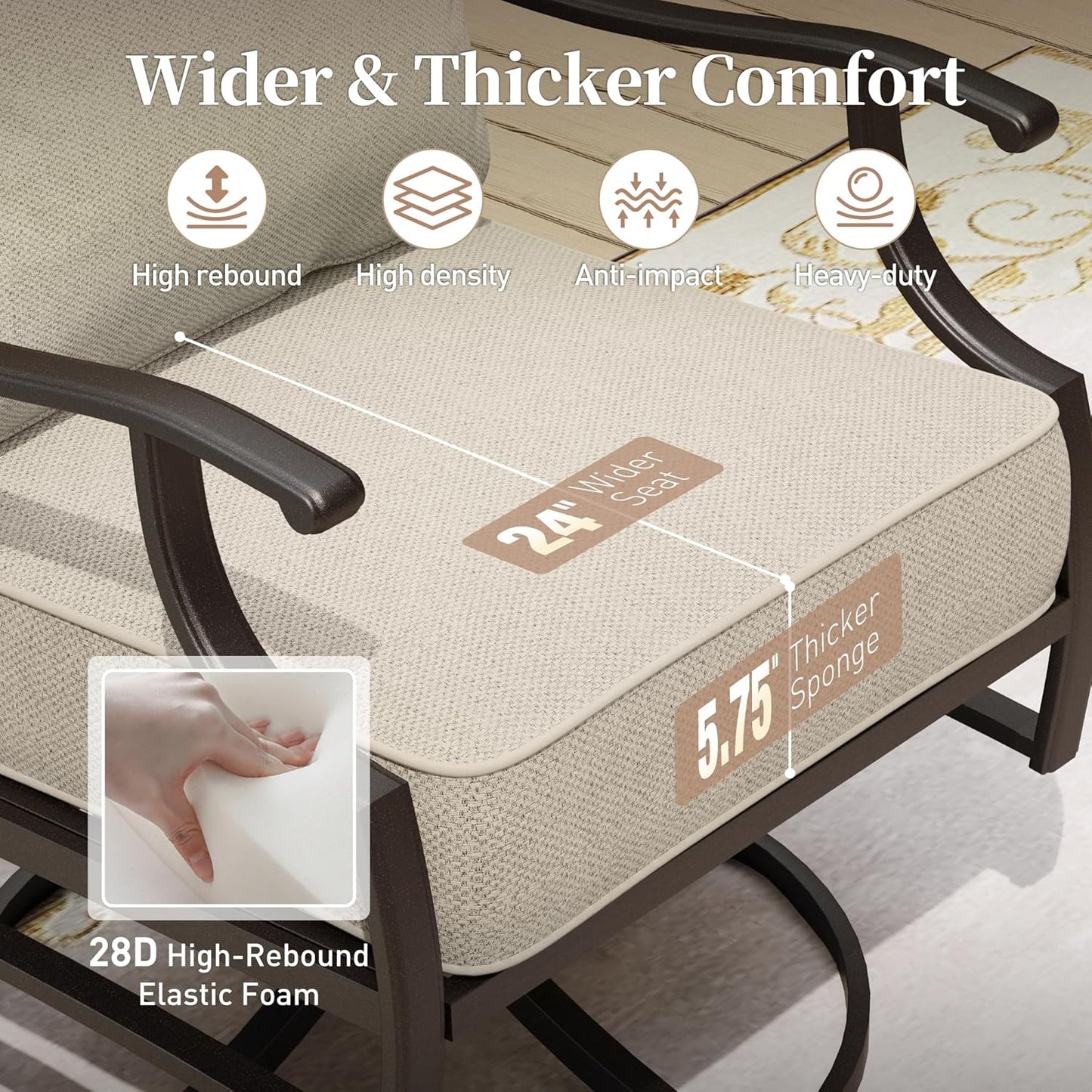 Metal Patio Chairs Set of 2 with 5.75" Extra Thick Cushion, 2 Pieces High Back Outdoor Patio Chairs All Weather Outdoor Furniture Seating for Deck Backyard Balcony Front Porch, Beige