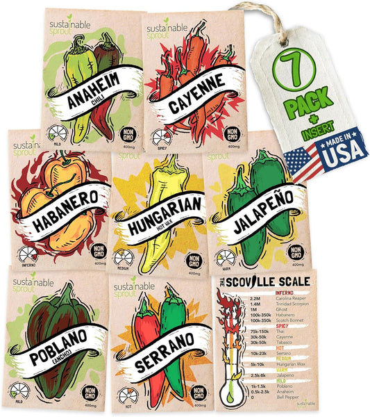 Hot Pepper Seeds for Planting - 7 Heirloom Chili Pepper Seeds Variety Packets Garden Seeds for Planting Cayenne Anaheim Hungarian Wax Pepper Habanero Serrano Poblano, & Jalapeno by Sustainable Sprout