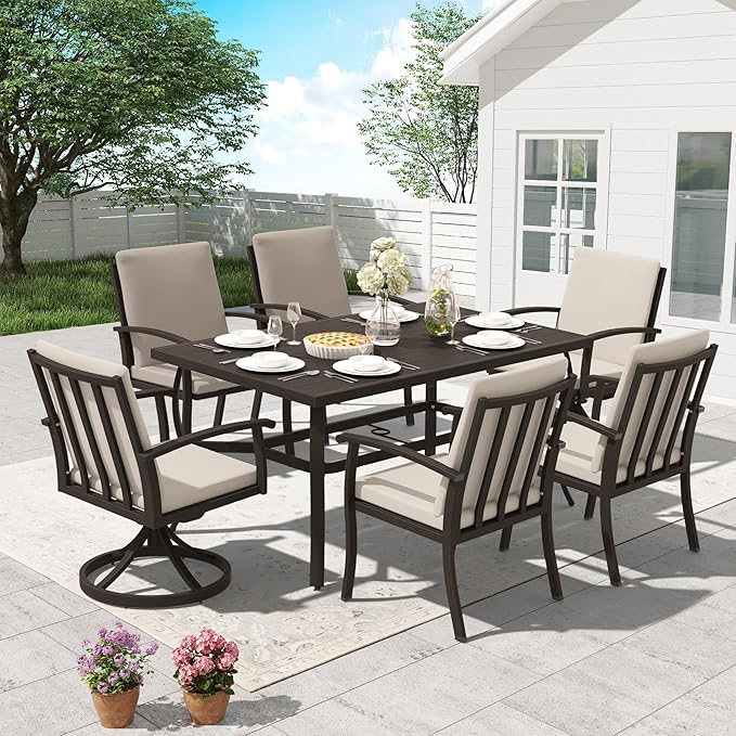 HAPPATIO 7 Piece Patio Dining Set, Aluminum Outdoor Dining Set for 6, Patio Furniture Sets, 2 Swivel Dining Chairs, 4 Dining Chairs, Aluminum Furniture Set for Patio, Yard (Black)