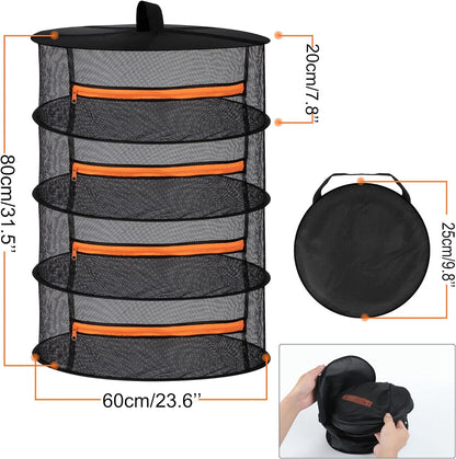 Desy & Feeci Herb Drying Rack-2ft Diameter 4 Layer Folding Mesh Hanging Basket Dryer Net with Zippers for Seeds Flowers Buds Plants Garden Outdoor Bumper Harvest(D24xH31 inch)