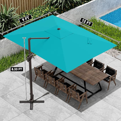 9' X 12' Cantilever Patio Umbrella 360°Rotation Rectangular Outdoor Large Offset Umbrellas Heavy Duty Windproof for Garden Deck Pool Backyard, Turquoise