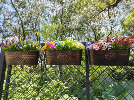 3 Pcs Large Balcony Planters Railing Hanging Flower Pots- 16.2 Inch Metal Railing Planter Box Fence Planters for Outdoor Plants with Detachable Hooks and Drain Holes for Garden Decor (Retro-3pcs)