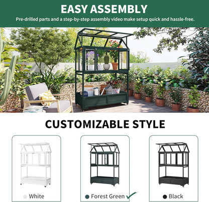 Portable Wooden Cold Frame Greenhouse with Wheels - 47" Mini Greenhouse with Adjustable Roof, Storage Box & Polycarbonate Panels - Plant Protector for Seedlings, Herbs & Winter Gardening (Green)