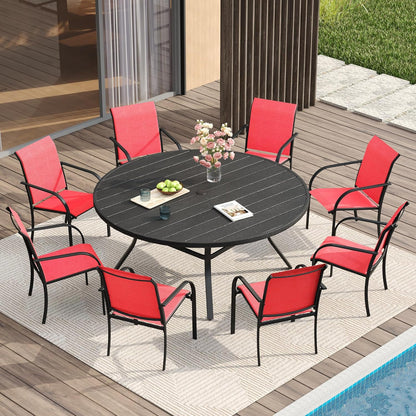 VICLLAX Patio Dining Set for 8, 9 Pieces Outdoor Furniture Set Includes 56.3" Round Patio Table and 8 Patio Stackable Chairs, Outdoor Table and Chairs for Outsides, Black Tabletop and Red Fabric