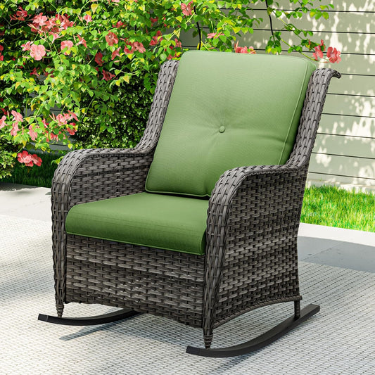 1 PC Outdoor Rocking Chair, Wicker Patio Rocker Chair for Yard, Porch, Mixed Brown Grey Rattan, Green Cushions