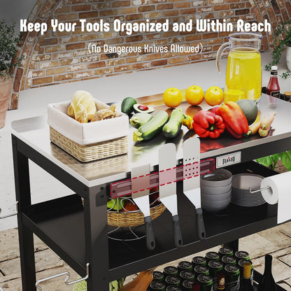 31.5"x18" Outdoor Grill Cart with Stainless Steel Tabletop, Movable Grill Table with Seasoning Rack & Magnetic Tools Holder, Backyard BBQ Kitchen Food Prep Table for Portable Grill & Pizza Oven