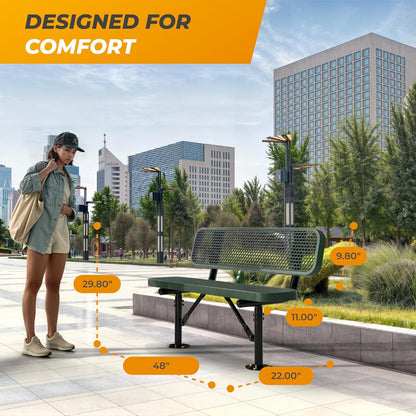 Heavy-Duty Outdoor Metal Bench, Thermoplastic-Coated, Surface, Weatherproof, Commercial-Grade for Parks, Gardens, Patios, Stores & More (4 Ft - Surface with Back, Green)