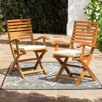 IDZO, Percy Chairs Heavy Duty 400lbs Capacity Set of 2 w/Cushion, FSC Acacia Outdoor Furniture, Teak Finish, Fully Assembled, Wood Folding_Beige