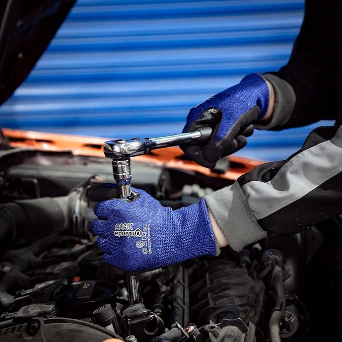 ANDANDA Cut Resistant Gloves Level 5, 3D Comfort Stretch Fit, Nitrile Sandy Finish Coated Work Gloves with Power Grip, Ideal Work Gloves for Men/Women Handle Glass, Sharp Metal, Blue(XL),1Pair