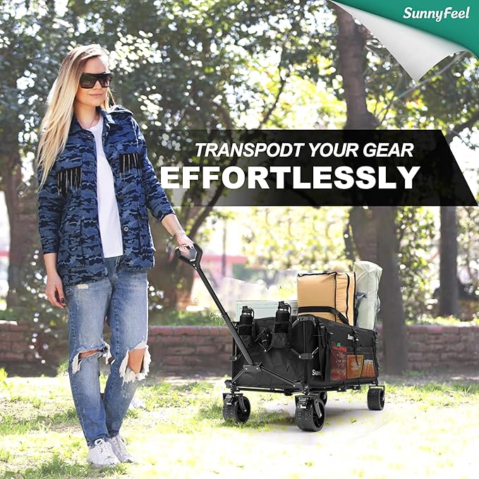 SUNNYFEEL 49''L 550lbs Heavy Duty Wagon Cart Foldable with Wheels,Extra Long Fold Up Wagons Carts with Side Pocket and Brakes for Camping Sports Garden Shopping (Black)