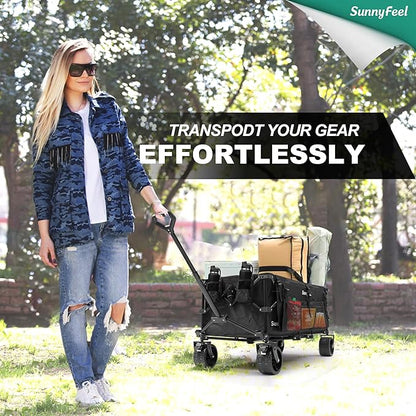 SUNNYFEEL 49''L 550lbs Heavy Duty Wagon Cart Foldable with Wheels,Extra Long Fold Up Wagons Carts with Side Pocket and Brakes for Camping Sports Garden Shopping (Black)