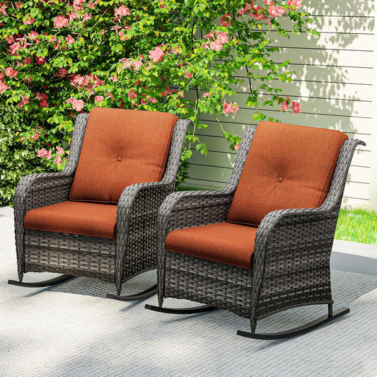 Outdoor Rocking Chair of 2, Wicker Patio Rocker Chair for Yard, Porch, Mixed Brown Grey Rattan, Orange Cushions