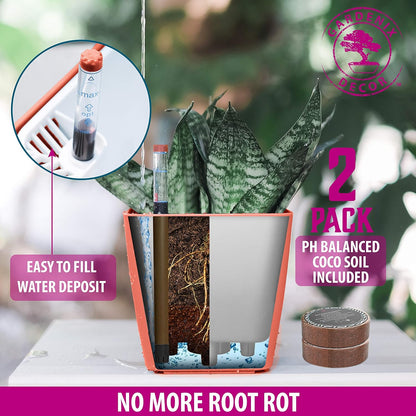 GARDENIX DECOR 5" Self Watering pots for Indoor Plants - Flower Pot with Water Level Indicator for Plants, Grow Tracking Tool - Self Watering Planter Plant Pot – 2 Pack Terracota