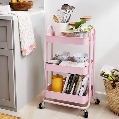 Amazon Basics 3-Tier Rolling Utility or Kitchen Cart, Lockable Wheels, Multifunctional Storage, Dusty Pink