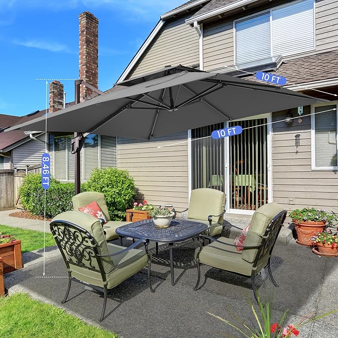 10x10 FT Cantilever Patio Umbrella Double Top Outdoor Square Large Heavy Duty Aluminum Offset Umbrellas with 7 Level Tilt 360-degree Rotation for Pool Garden Deck, Grey