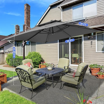 10x10 FT Cantilever Patio Umbrella with Base Included Double Top Outdoor Square Large Heavy Duty Aluminum Offset Umbrellas with 7 Level Tilt 360-degree Rotation for Pool Garden Deck,Grey