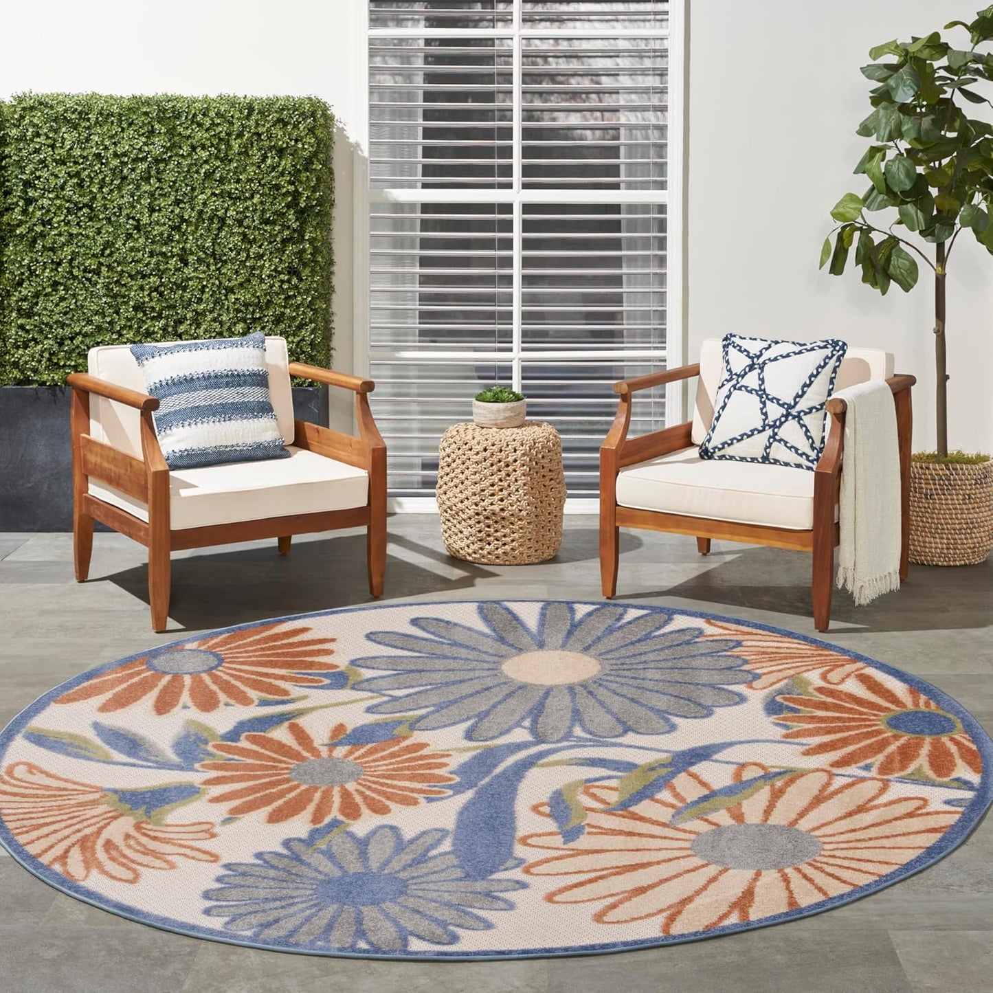 Nourison Home Aloha Beige Multicolor 5'3" x Round Area Rug - Easy Cleaning, Non Shedding, Bed Room, Living Room, Dining Room, Kitchen (5' x Round)