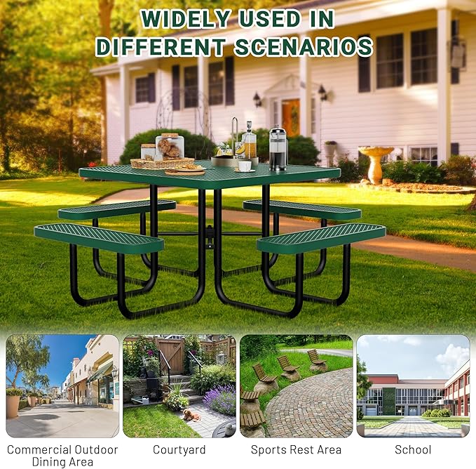 46" Square Picnic Table for Outside,Heavy Duty Metal Picnic Table Bench Set with 2in Umbrella Hole, 1600 lb Capacity,Commercial Dining Table Furniture for Garden Yard Patio Party Coffee Shop