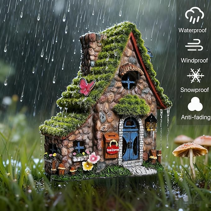 ASAWASA Resin Fairy House Statues with Solar Powered Lights, Funny Garden Sculptures with Flocked and Cobblestone Decor, Exquisite Garden Cottage Figurines