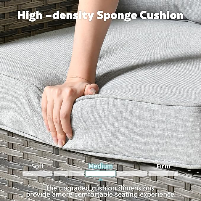 4-Piece Wicker Patio Furniture Set, All-Weather Rattan Conversation Bistro Loveseat Chair and Table Set for Backyard, Balcony and Deck with Soft Cushions and Metal Table(Gray)