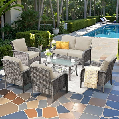 6-Piece Wicker Patio Furniture Set, All-Weather Rattan Conversation Bistro Loveseat Chair and Table Set for Backyard, Balcony and Deck with Soft Cushions and Metal Table(Beige)