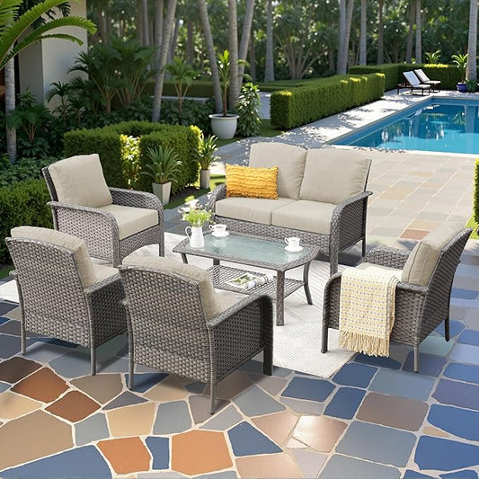 6-Piece Wicker Patio Furniture Set, All-Weather Rattan Conversation Bistro Loveseat Chair and Table Set for Backyard, Balcony and Deck with Soft Cushions and Metal Table(Beige)