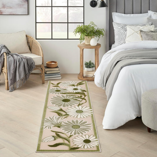 Nourison Home Aloha Indoor-Outdoor Ivory Green 2' x 6' Area Rug, Easy-Cleaning, Non-Shedding, Bed Room, Living Room, Dining Room, Backyard, Patio, Deck (2x6)