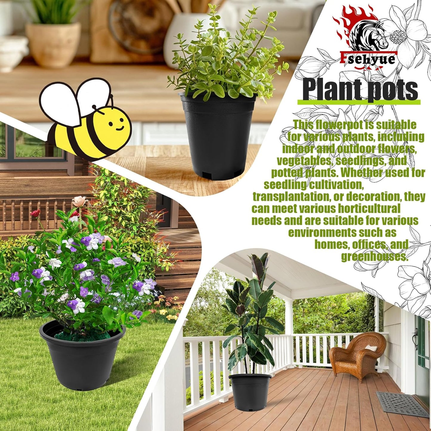 7 Gallon Nursery Pots Plastic Container Injection Molded Pot for Plants Flexible with Drainage Holes Suitable for Plants Soil Growers or Hydroponics Black 10 Pcs