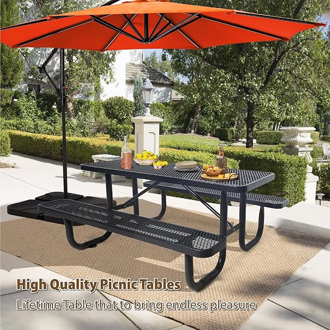 6FT Rectangular Steel Outdoor Picnic Table,Commercial Black Picnic Table Bench Set with Umbrella Hole, Weather-Resistant Heavy Duty School Dining Table for Patio, Garden, Backyard