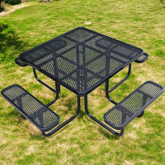 46" Square Picnic Table W/Benches,Heavy Duty Metal Picnic Table Set with 2in Umbrella Hole, 1600 lb Capacity,Commercial Dining Table Furniture for Yard Patio Lawn Party Coffee Shop