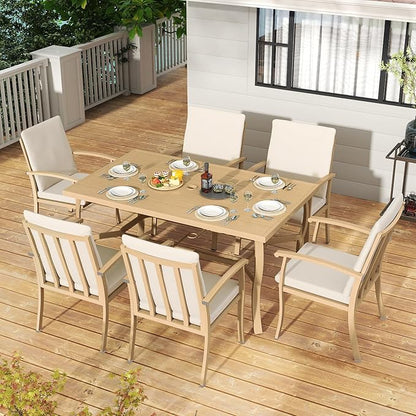 HAPPATIO 7 Piece Patio Dining Set, Aluminum Outdoor Dining Set for 6, Aluminum Dining Table and Chairs Set, Patio Furniture with Table, Chairs and Washable Cushions (Beige)