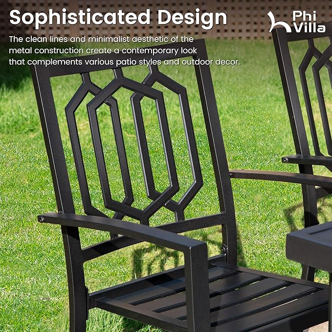 PHI VILLA 3 Piece Outdoor Bistro Set for 2, 22" Wrought Iron Square Table with Umbrella Hole & Stacking Metal Chairs, Small Furniture Conversation Set for Porch, Deck, Balcony, Patio, Yard - Black