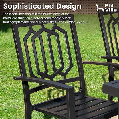 PHI VILLA 3 Piece Outdoor Bistro Set for 2, 22" Wrought Iron Square Table with Umbrella Hole & Stacking Metal Chairs, Small Furniture Conversation Set for Porch, Deck, Balcony, Patio, Yard - Black