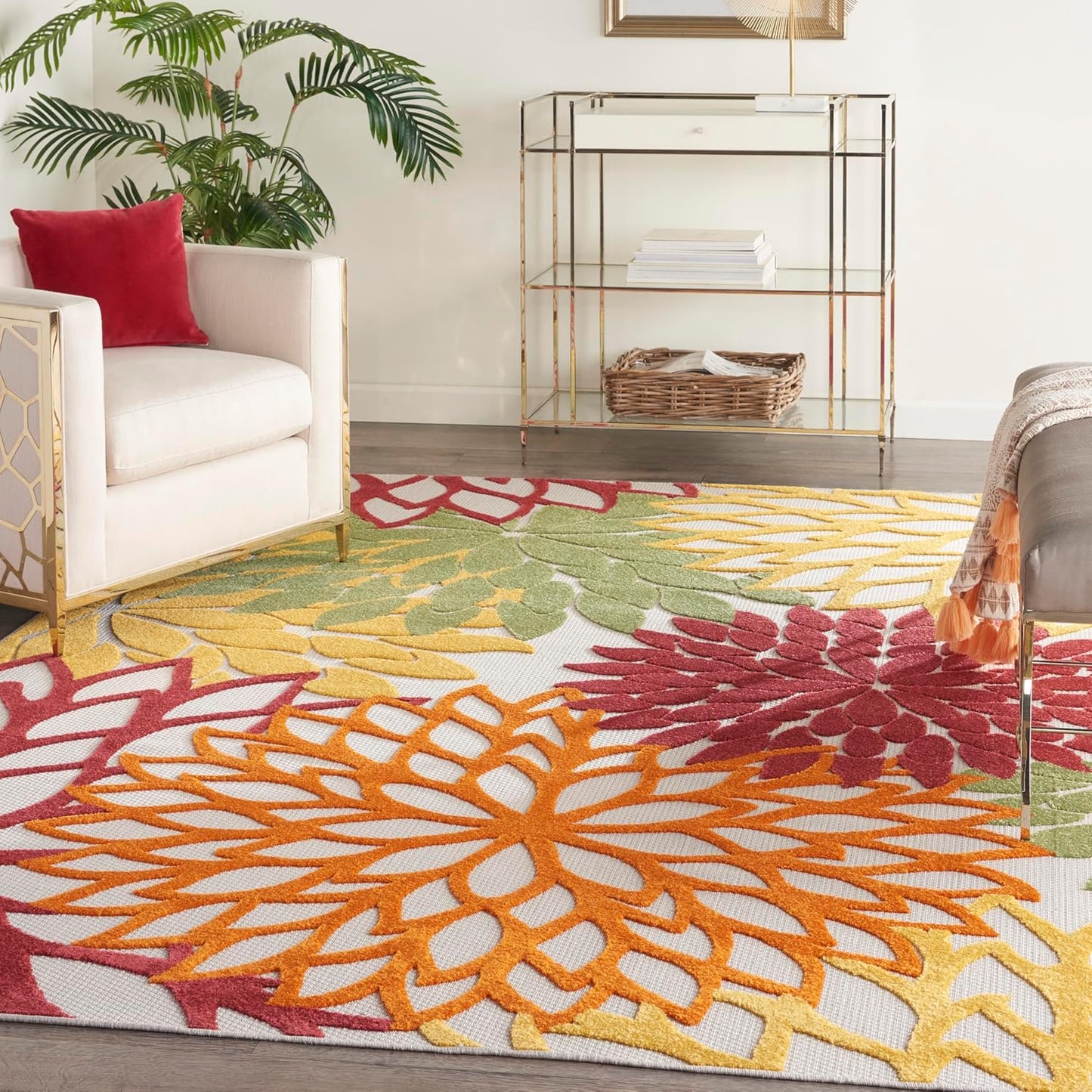 Nourison Home Aloha Indoor/Outdoor Red Multi Colored 9'6" x 13' Area Rug, Tropical, Botanical, Easy Cleaning, Non Shedding, Bed Room, Living Room, Dining Room, Deck, Backyard, Patio (9x13)