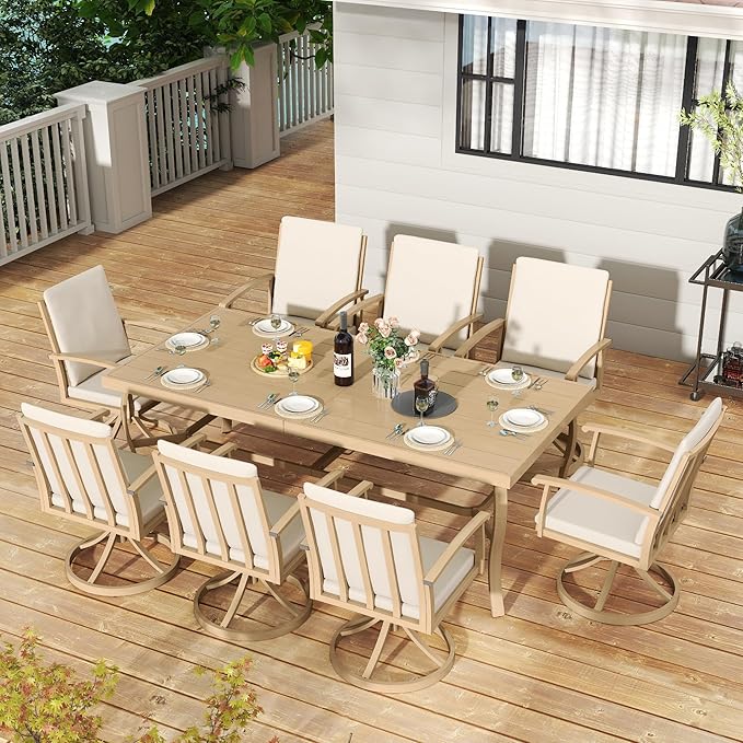 HAPPATIO Aluminum 9 Piece Patio Dining Set, Outdoor Swivel Dining Chairs and Dining Table, Aluminum Outdoor Dining Set for 8, Patio Dining Furniture with Washable Cushions (Beige)