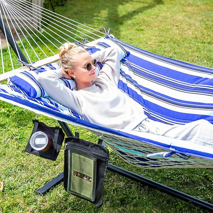 SUNCREAT Double Hammock with Stand, Two Person Cotton Rope Hammock, Blue Stripe