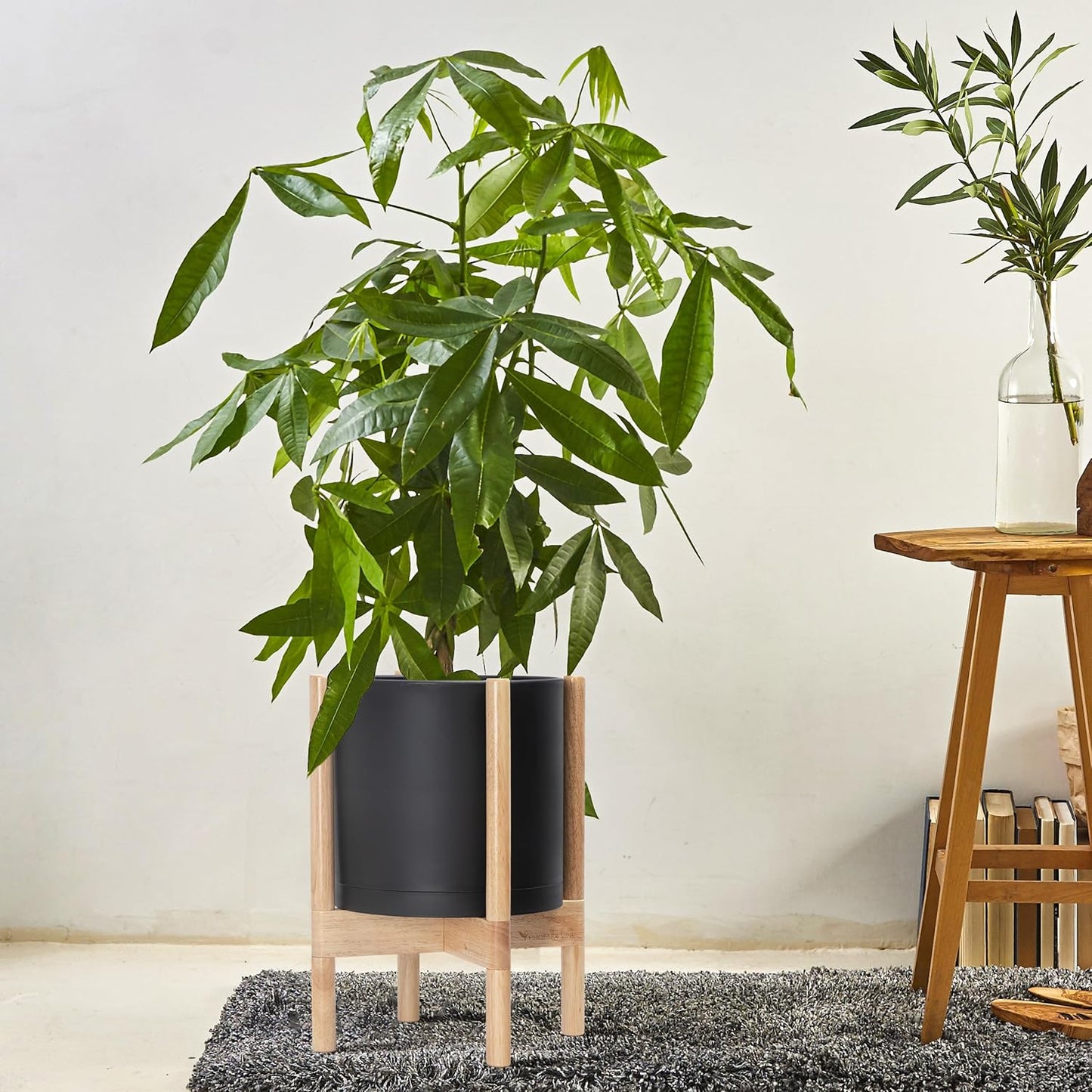 D'vine Dev Planter Pot with Stand - 10 Inch Plastic Cylinder Flower Pot with Wood Planter Holder for Indoor, Matte Black Pot + Natural Stand, 55-C-M-2