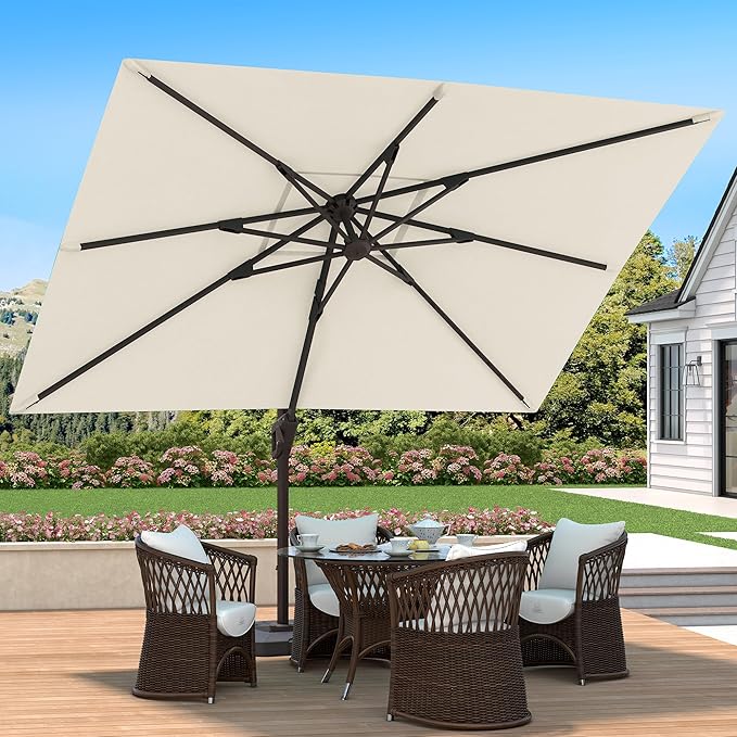 9' X 12' Cantilever Patio Umbrella with Base Included 360°Rotation Rectangular Outdoor Large Offset Umbrellas Heavy Duty Windproof for Garden Deck Pool, Beige