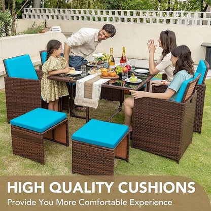 Devoko 9 Pieces Patio Dining Sets Outdoor Space Saving Rattan Chairs with Glass Table Patio Furniture Sets Cushioned Seating and Back Sectional Conversation Set (Blue)