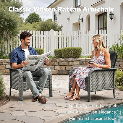 4-Piece Wicker Patio Furniture Set, All-Weather Rattan Conversation Bistro Loveseat Chair and Table Set for Backyard, Balcony and Deck with Soft Cushions and Metal Table(Black)