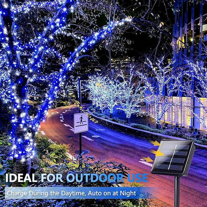 4 Pack 180FT Solar Christmas Lights Outdoor Waterproof, Super Bright 320 LED Solar String Lights with 8 Lighting Modes, Green Wire Twinkle Tree Light for Outside Xmas Party Decorations(Blue and White)