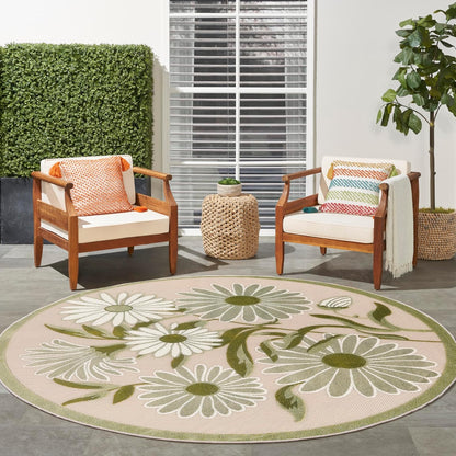 Nourison Home Aloha Indoor/Outdoor Ivory Green 5'3" x Round Area Rug, Easy-Cleaning, Non Shedding, Bed Room, Living Room, Dining Room, Backyard, Patio, Deck (5 Round)