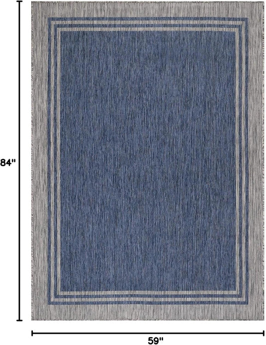 Bordered Outdoor Rug 5x7 Washable Outside Carpet for Indoor Patio Porch Waterproof Easy Cleaning Non Shedding Area Rugs Navy 5 x 7