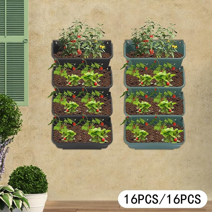 Wall-Mounted Vertical Wall Planter 16 Pack Stackable Wall Planter Indoor Outdoor, Garden Self Watering Wall-Mounted Plastic Planter Plant Flower Pot Holder for Vegetable Fruit Herb
